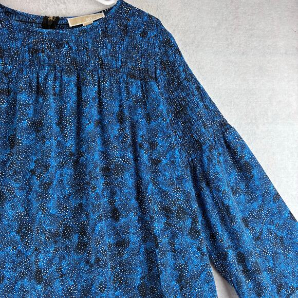 Michael Kors Smocked Blouse Women's Medium Blue Abstract Dot Motif Wide Sleeve - Picture 4 of 11